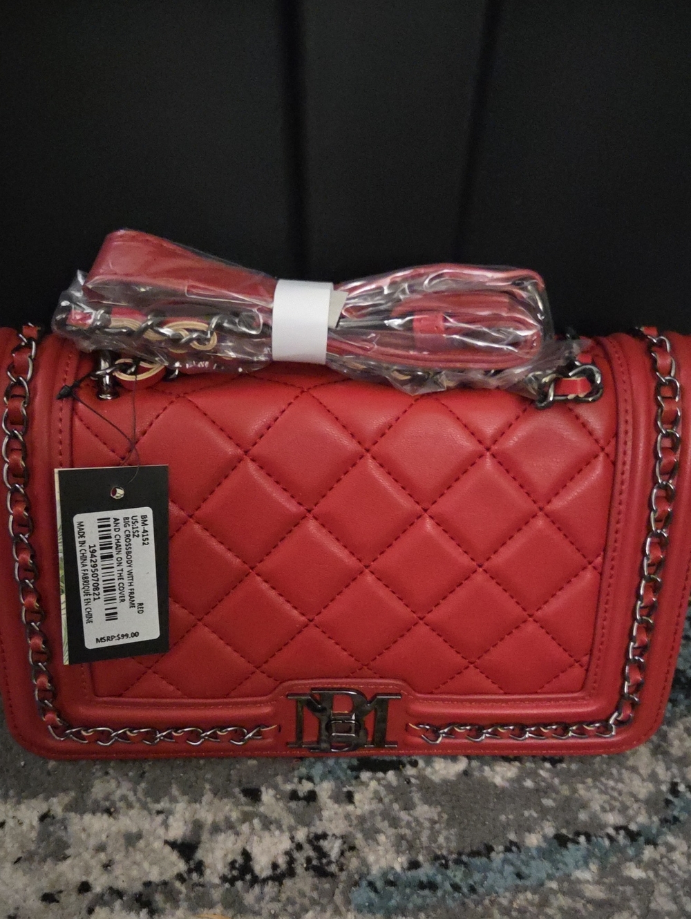 Badgley Mischka Quilted Red Crossbody Bag with Chain Strap
